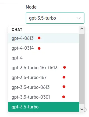 Screenshot depicting the selection of GPT models in the API.