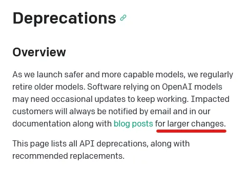 OpenAI document screenshot showing the sentence that states only large updates will be notified.